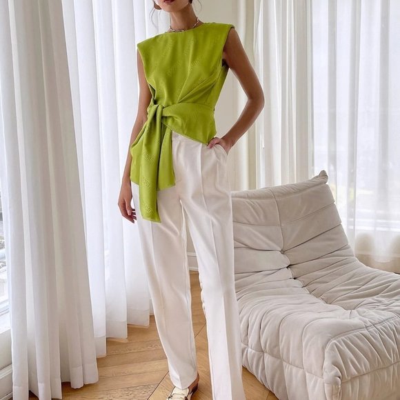 Tie Front Shoulder Pad Blouse green - Picture 4 of 5